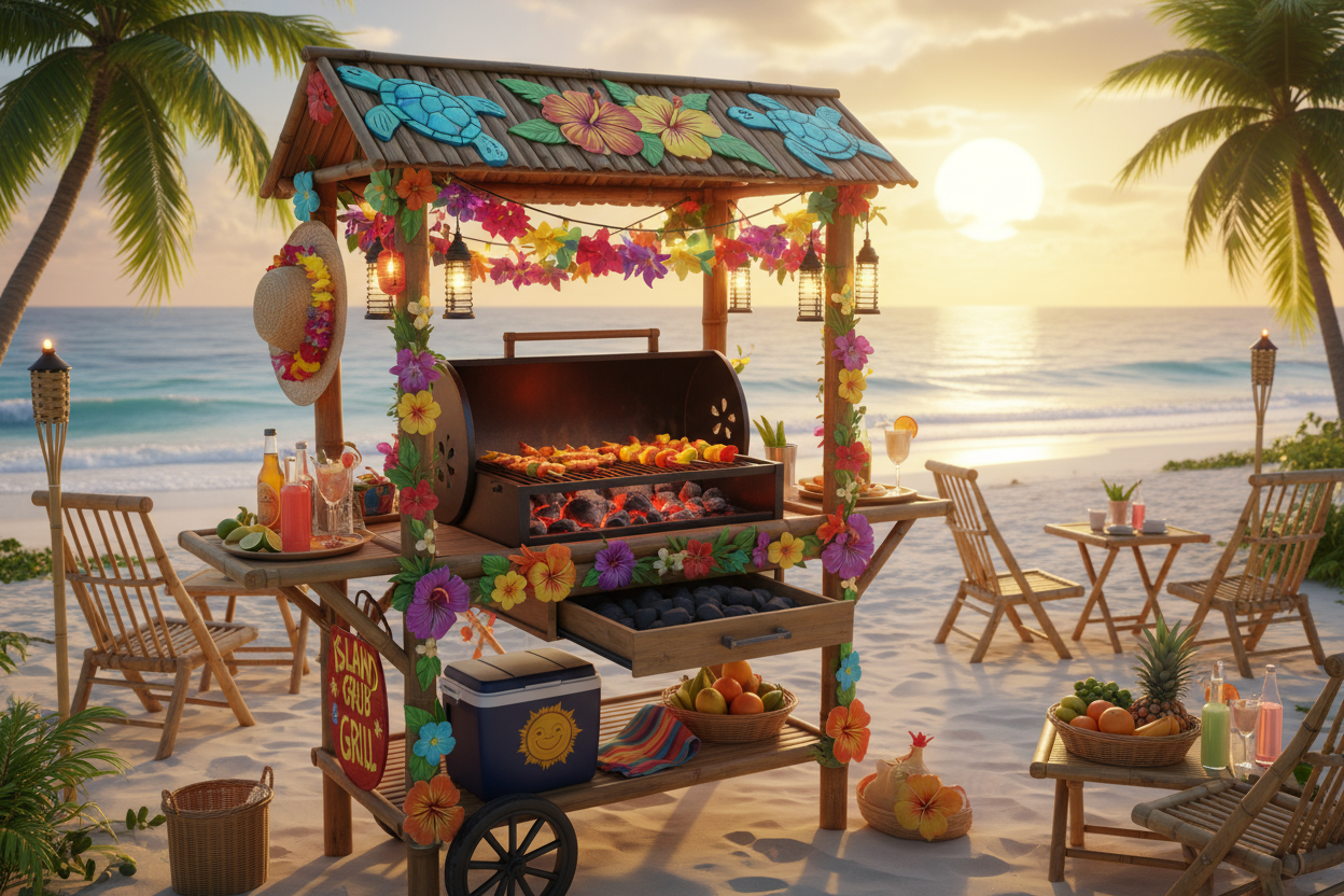 Our Island grill cart is a celebration of sunshine, flavor, and island vibes, perfect for outdoor gatherings, family-style or cart-service options. With our portable grill we can fire up the charcoal and turn any spot into a beach-front grill.