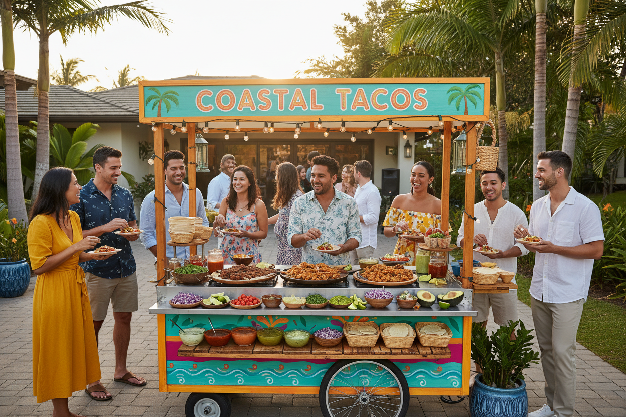 Our mobile Taco Cart is a crowd-pleasing favorite that turns any driveway into a street-side taqueria. Guests choose from mouth-watering proteins, fresh toppings, and our signature Jam Coast sauces, served on a warm tortilla.